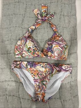 Ralph Lauren White Lined Bikini with Multicolor Paisley Trim